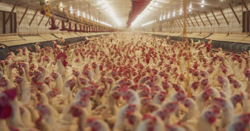 Broiler chickens inside a poultry shed for a poultry farming business plan